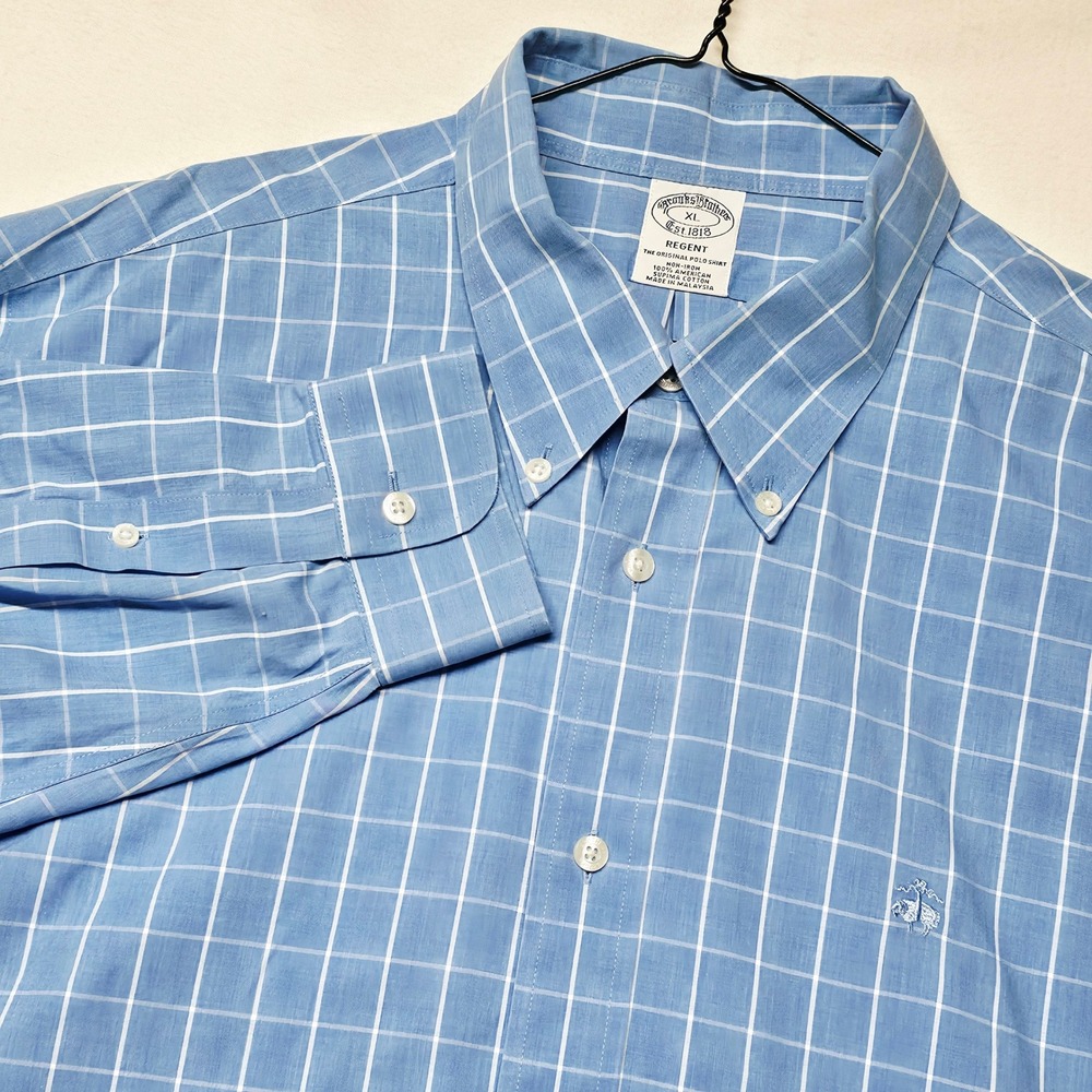 Brooks Brothers Regent Shirt Mens XL Blue Windowpane Supima Cotton Non-Iron
